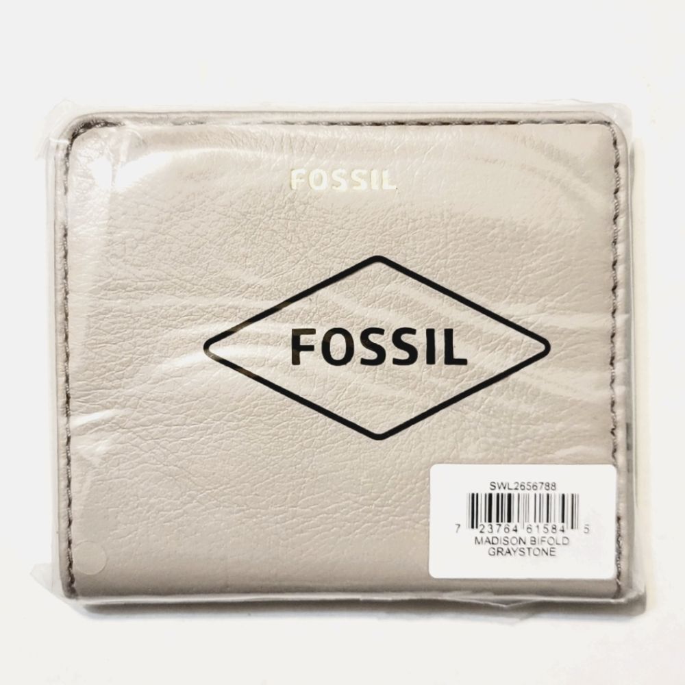 FOSSIL Women's Madison Leather Bifold Small ID Wallet Pockets Gray Graystone NEW